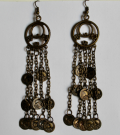 Gipsy Oorbellen met 2 ringen, versierd met kleine muntjes KOPER kleurig, 5 kettinkjes - 9,5 cm hoog - Gypsy1