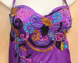 38/40 M/L - Baladi dress PURPLE stretch lycra, beaded fringe and sequins  TURQUOISE, GOLD, PINK decorated - Robe baladi VIOLETTE DORÉE NOIRE