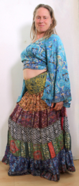 Zijden wikkeltopje met wijd uitlopende trompetmouwen TURQUOISE India - one size fits S, M, L, XL