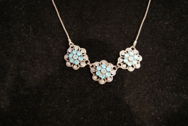 SILVER sparkling 3 flower necklace TURQUOISE BLUE