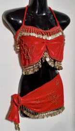 one size fits S, M, L - 2-piece set velvet: top + coinbelt RED , DOLDEN beads and coins decorated