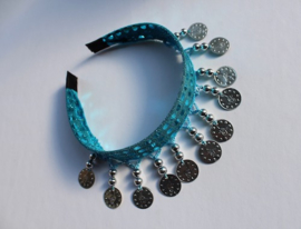 one size -  Tiara TURQUOISE BLUE with SILVER beads and coins for ladies and girls - Serre-tête TURQUOISE aux sequins ARGENTÉS