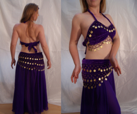 2-piece Bra ( S, M, L, XL) and belt (XL, XXL, XXXL) set of PURPLE velvet, GOLDEN coins decorated