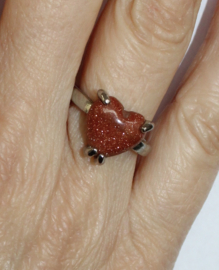 diameter 16,8 mm, ring size 53 - SILVER ring with subtle BROWN glitter goldstone heart