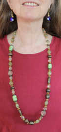 Long beaded necklace OLIVE shades of GREEN and COPPER-GOLD
