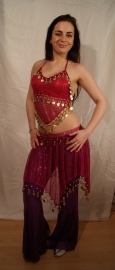 S, XS, XXS - 3-piece harem costume lady : top + skirt + headband FUCHSIA GOLD