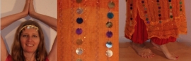 S M L XL - 3-piece Cleopatra set : transparent net dress orange-YELLOW with multicolored coins + matching hip shawl + headband