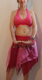 one size - Harem costume 4-piece : headband + Bra top FUCHSIA GOLD + belt + skirt + coinbelt + 2 slit- 4- points skirt  PURPLE