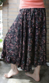 BLACK silk flowered Bohemian skirt, PINKISH ORANGE flower design - M Medium, L Large, Extra Large