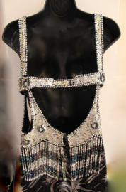 One slit Bellydance dress, baladi dress, BLACK SILVER with cut outs in middle section