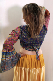 One of a kind wrap and tie top silk, with rushes at the sleeves, Bohemian Indian patchwork design - one size fits XS, S, M, L,  XL