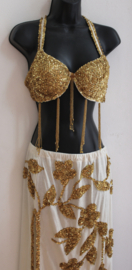 36-38 size - Bellydance costume  : 1-slit straight skirt, OFF WHITE, GOLDen flowers decorated + fully sequinned golden bra