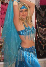 5-piece professional Bellydance Show costume, fully sequinned, beaded fringe decorated, TURQUOISE BLUE SILVER