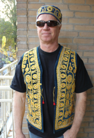 2-pce set: L Large - Men's Waistcoat PETROL BLUE (DEEP TURQUOISE) velvet with curly golden band embroidery and mirrors + Harem hat fez - Gilet 1001 Nuits BLEU PÉTROL