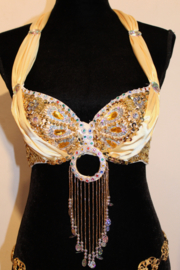Size 34 / 36 -  fully sequinned and beaded bra YELLOW GOLD SILVER with ring and satin decoration - Soutien gorge CRÈME DORÉ ARGENTÉE