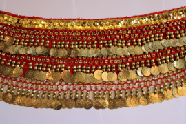 RED coinbelt for bellydancing soft velvet, abundantly decorated with SILVER or GOLDEN beads, coins and glitter band - one size fits S, M, L, Small, Large