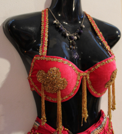 75-80 cup  C, D - FUCHSIA PINK velvet bra, GOLDEN sequin flowers and beaded fringe decorated