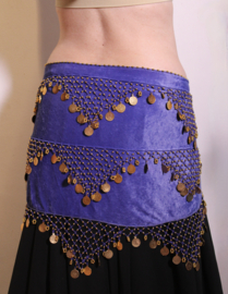PURPLE BLUE velvet coinbelt with triangular crocheted decoration pattern. GOLDEN coins and beads