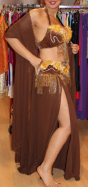 Bellydance costume from Egypt on BROWN velvet, brown and GOLDEN flowers decorated with beaded fringe