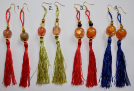 Flexible, Extra Long earrings with colored tassels and 1 big bead :  RED, BLUE