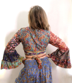 MULTICOLOR zijden wikkeltopje nr3 met ruches aan de mouwen en GOUD opdruk, India dessin - one size fits XS, S, M, L, XL