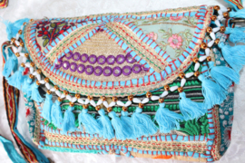 Unieke Boho hippie chic handtas patchwork borduursel kwastjes rits drukknoop TURQUOISE1 GROEN GOUD  ORANJE - 23 cm x 13 cm x 6cm