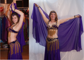 Crystal16 - 5-piece bellydance costume on PURPLE velvet, Swarovsky crystals, golden beads + sequins decorated