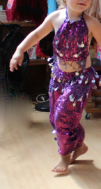 8-12 years old 3-piece Glitter bellydance costume girl / boy : top + tiara + harempants PURPLE SILVER