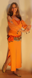 ORANGE Baladi / Saidi / bellydance dress, GOLD decorated, with loose sleeves