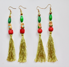 Extra Long - Flexible, long earrings with LIME GREEN tassel, beads and Katchina Good Luck Doll