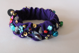 Glitter bracelet DARK PURPLE,  MULTICOLORED stones, beads and dangling bells decorated