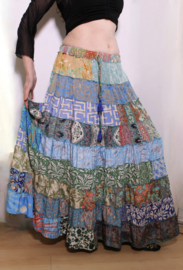 Elegant Bohemian ruffled skirt patchwork and shades of BLUE, GREEN, AQUA GOLD imprinted - one size fits XS, S, M