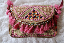 Unieke Boho hippie chic handtas patchwork kwastjes rits drukknoop ROZE8 GOUD - 23 cm x 13 cm x 6 cm