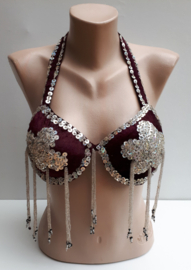 DEEP PURPLE / EGGPLANT COLOR velvet bra, SILVER sequinned flowers and beaded fringe decorated