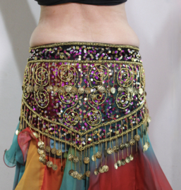 Verfijnde heupgordel op ZWARTE, transparante basis, rijk versierd met pailletten, muntjes en kraaltjes, gouden muntjes, FUCHSIA pailletten, multicolor pailletten - S, XS, petite