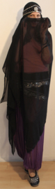 Rechthoekige ZWARTE Chiffon sluier + bijpassend hoofdbandje ZWART ZILVER - 110 cm x 260 cm - BLACK chiffon veil, rectangle + matching headband BLACK, SILVER decorated