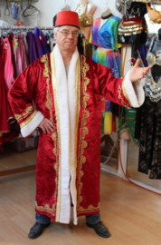 Sultan / Sheik / Sjeik luxe harem jas BORDEAUX ROOD met WITTE kunst bont rand en GOUDEN krullen versiering -  one size