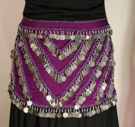 G34 - Bellydance coinbelt PURPLE, SILVER decorated - Foulard pour la danse orientale chiffon VIOLET sequins ARGENTÉS