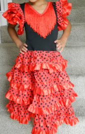 Spanish Flamenco dress, Sevillana dress for girls RED BLACK with polka dots