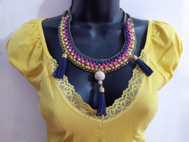 Necklace with tassels, beads, chains, ribbon PINK, NAVY BLUE, GOLD, IRIDISCENT YELLOW, OFF WHITE