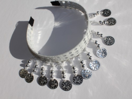 one size - Tiara WHITE with SILVER beads and coins for ladies and girls - Serre-tête BLANC aux sequins ARGENTÉS