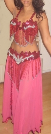 Fully sequinned 6-piece bellydance costume PINK SILVER, beaded fringe decorated size 36/38