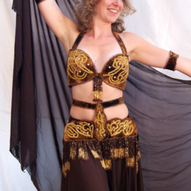 6-piece Egyptian bellydance costume BROWN GOLD velvet, Egyptian style