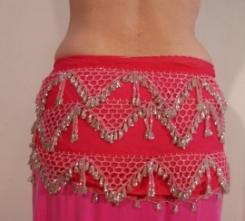 Beaded oriental dance hip scarf, handycraft from Egypt PINK SILVER