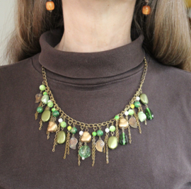 Boho hippie chique Springtime necklace, shades of GREEN on a GOLDEN chain