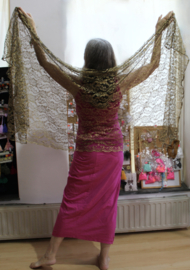 BLACK, rectangular, lace veil, GOLDEN flowers embroidered + matching hip shawl /headband - 240 cm x 105 cm