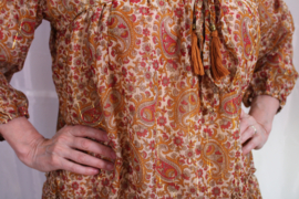 India mini jurkje / tuniek, strokenjurk, gevoerd BRUIN, BEIGE TINTEN gebroken WIT, GOUDEN glinsterdraad  -  L Large / XL Extra Large - Indian hippy mini dress