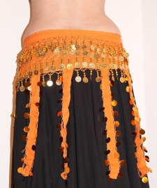 L, XL - Bellydance hipscarf ORANGE swirling fringe, chiffon GOLD decorated