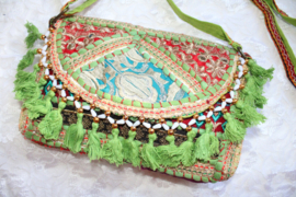 23 cm x 13 cm x 6 cm - One of a kind Bohemian hippy chic purse patchwork GREEN3 GOLD OLIVE RED DEEP PURPLE tassels