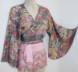 one size fitsS, M, L, XL - Silk wrap and tie top wide trumpet sleeves , shades of PINK,  GREY, TURQUOISE and YELLOW details